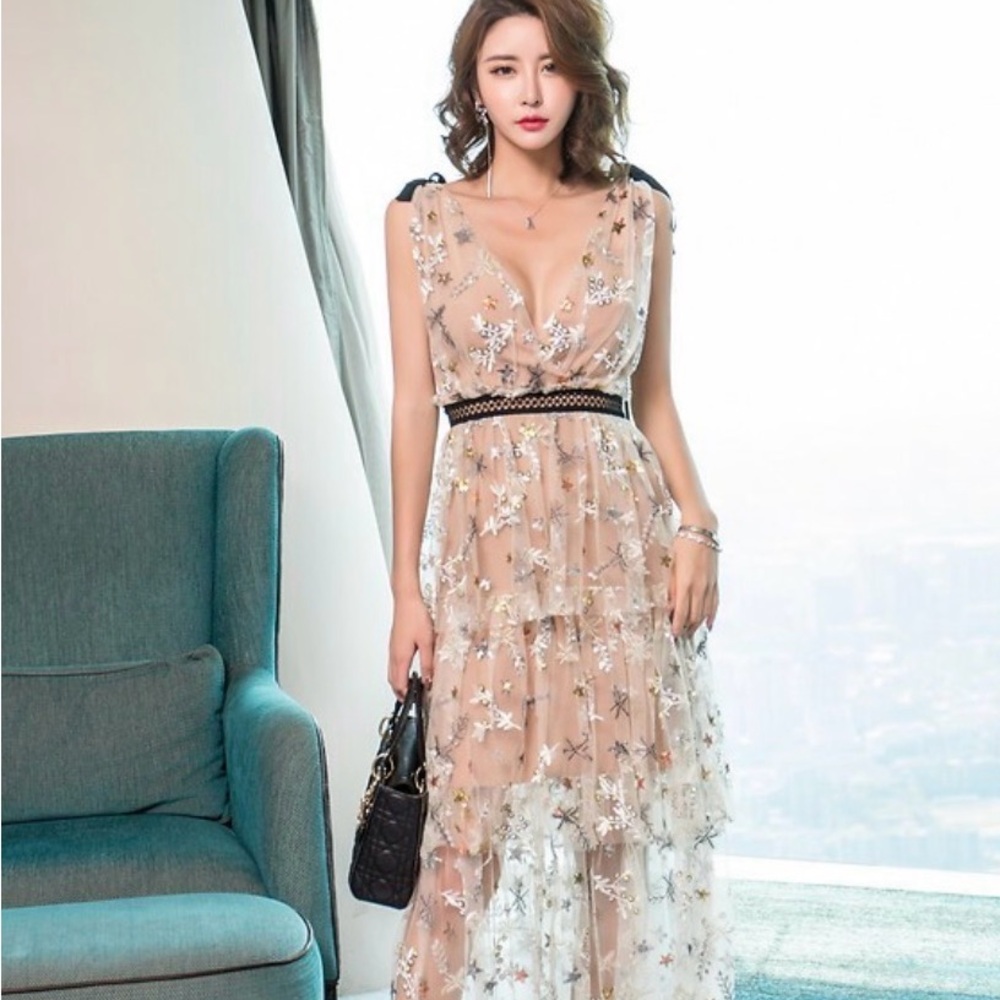 Self-Portrait Nude Tulle Midi Dress with Silver Floral Embroidery - Picture 6 of 7